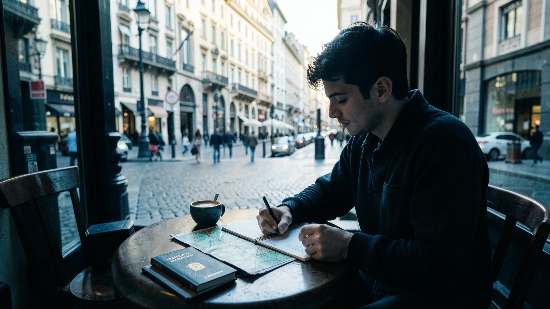 Viajero escribiendo en un cuaderno junto a un mapa