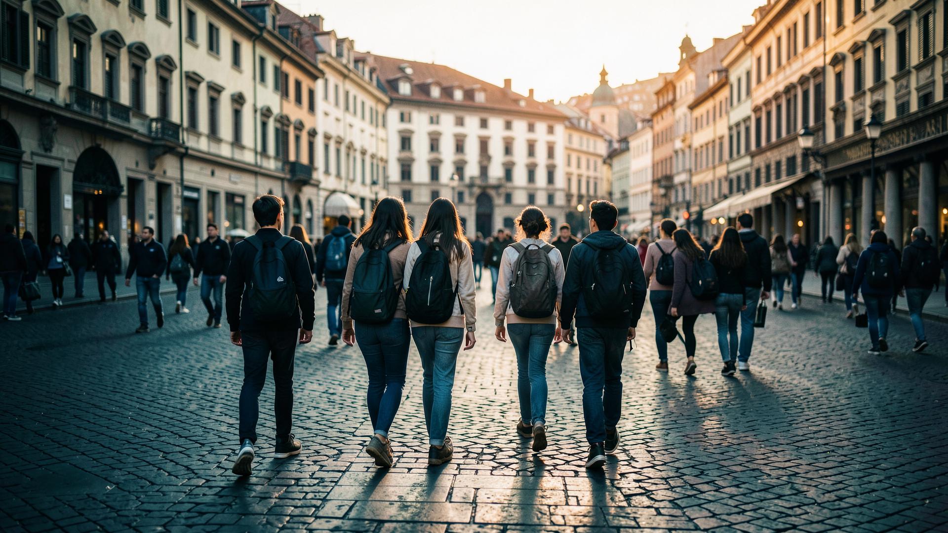 Grupo de estudiantes internacionales caminando por una ciudad europea